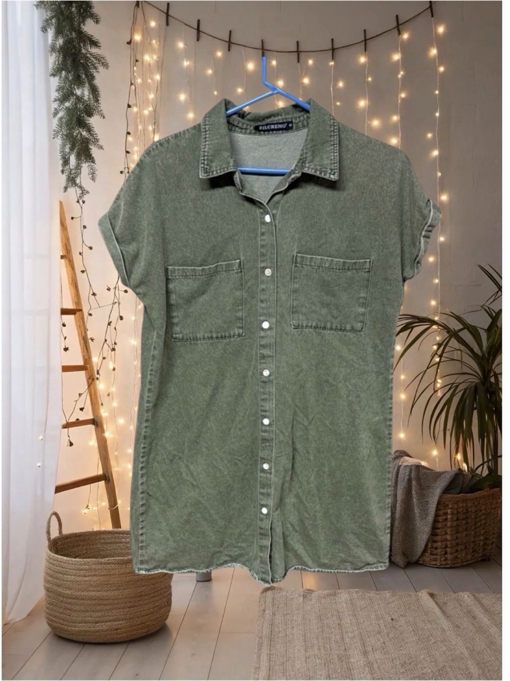 Zilcremo denim chambray olive Green Button-Up tunic Shirt dress size small